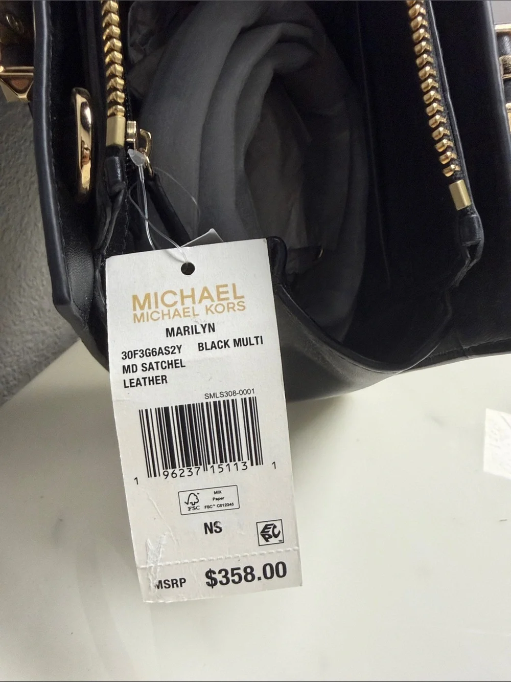 Michael Kors Black Marilyn Satchel with Leopard Stripe & Gold Hardware